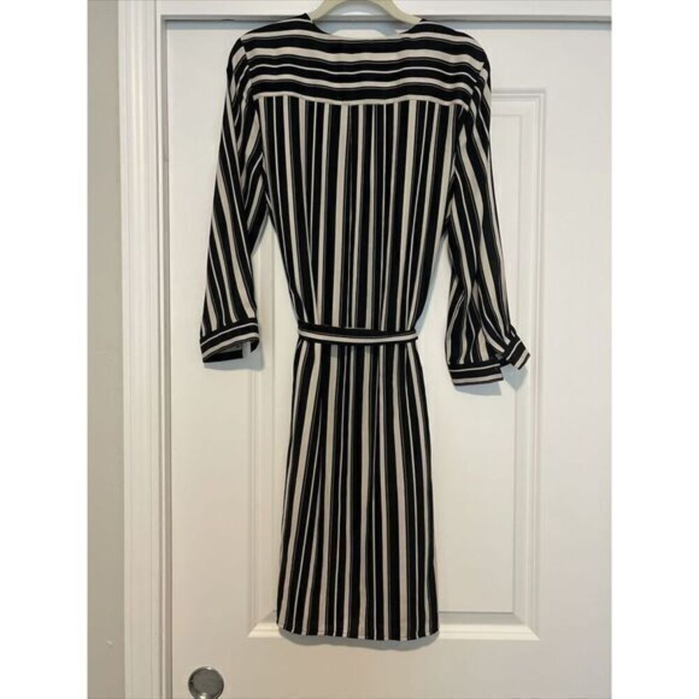 LOFT Shirt Dress Sz 8 Tie Waist‎ Black Cream Stripe Button 3/4Sleeve - Picture 4 of 7